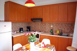 Fridge, oven, coffee/tea maker, toaster