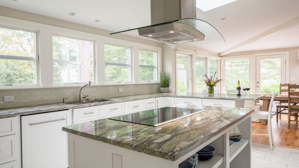 A modern kitchen with a central island, large windows, and a skylight. - Spectacular quiet location with partial view of Paddy Creek iKennebunkport! (Kennebunkport)