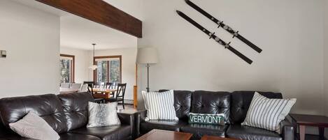 Smart TV, fireplace, books