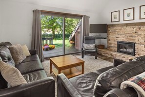 Smart TV, chimenea y libros 