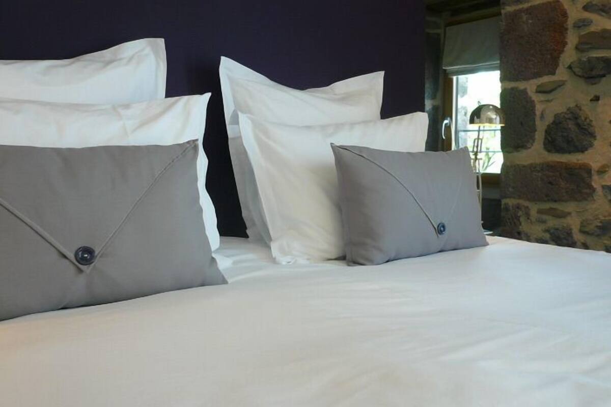 Un lit avec du linge de lit blanc et deux oreillers gris.