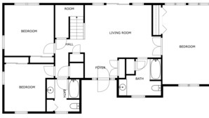 Un plan d’étage d’une maison comprenant deux chambres, un salon, un couloir, un hall d’entrée et une salle de bain.