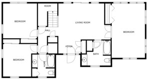 Un plan d’étage d’une maison comprenant deux chambres, un salon, un couloir, un hall d’entrée et une salle de bain.