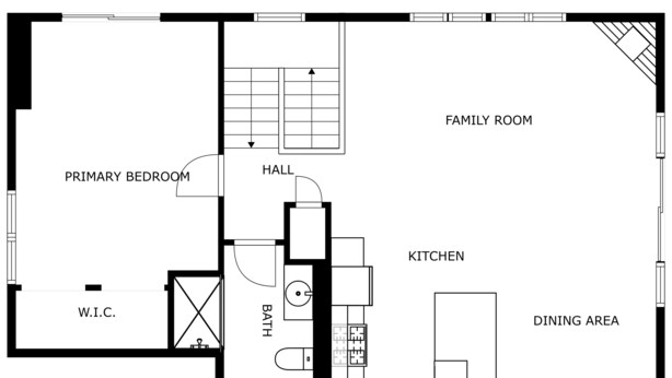Un plan d’étage comprenant une chambre principale, un couloir, une cuisine, un coin repas, un salon et un dressing.