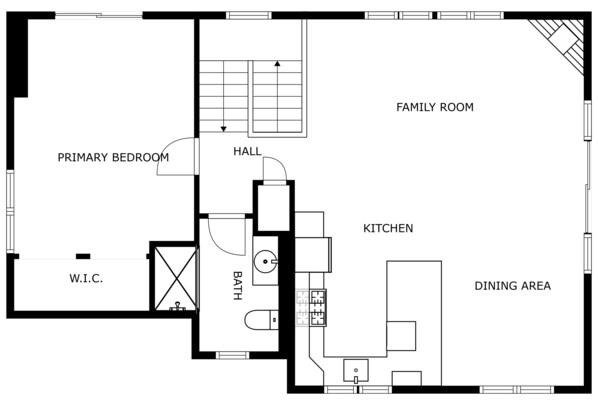 Un plan d’étage comprenant une chambre principale, un couloir, une cuisine, un coin repas, un salon et un dressing.