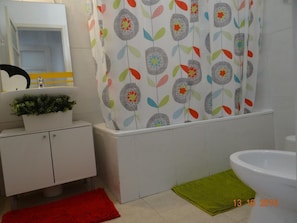Combined shower/bathtub, hair dryer, bidet, towels