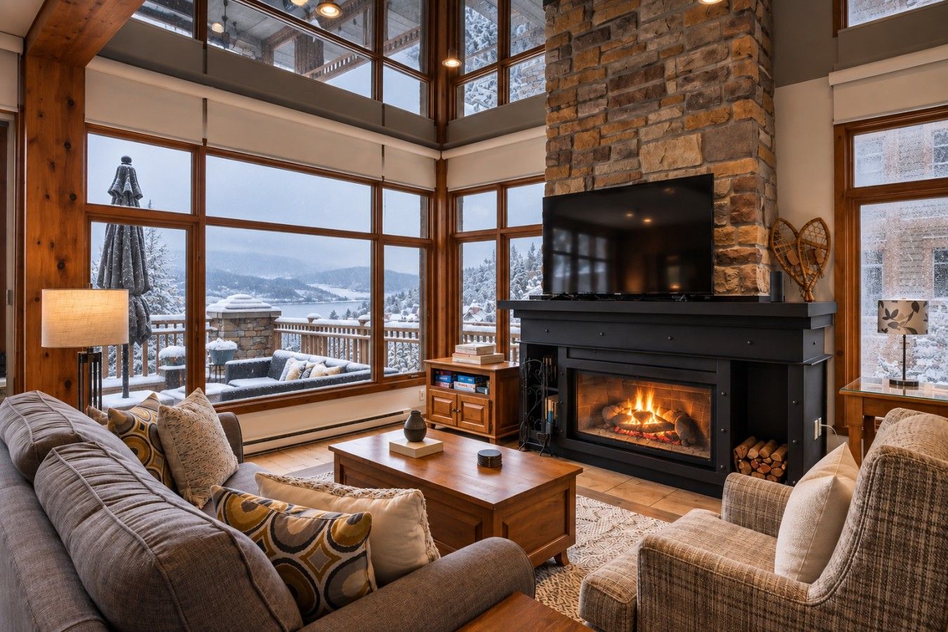A cozy living room with a fireplace, large windows, and a view of a snowy landscape.