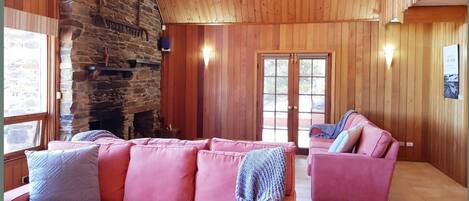 TV, lareira, DVD player, livros