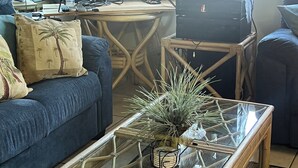 A living room with a sofa, a glass-top coffee table with a plant, a TV, and a sound system. - Newly Re-decorated, 4 Recliner's Oceana, On the beach front, downtown Rosarito. (Centro Playas)