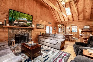 Fernseher, Kamin, DVD-Player, Videothek