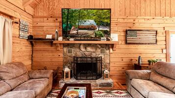 TV, fireplace, DVD player, video library