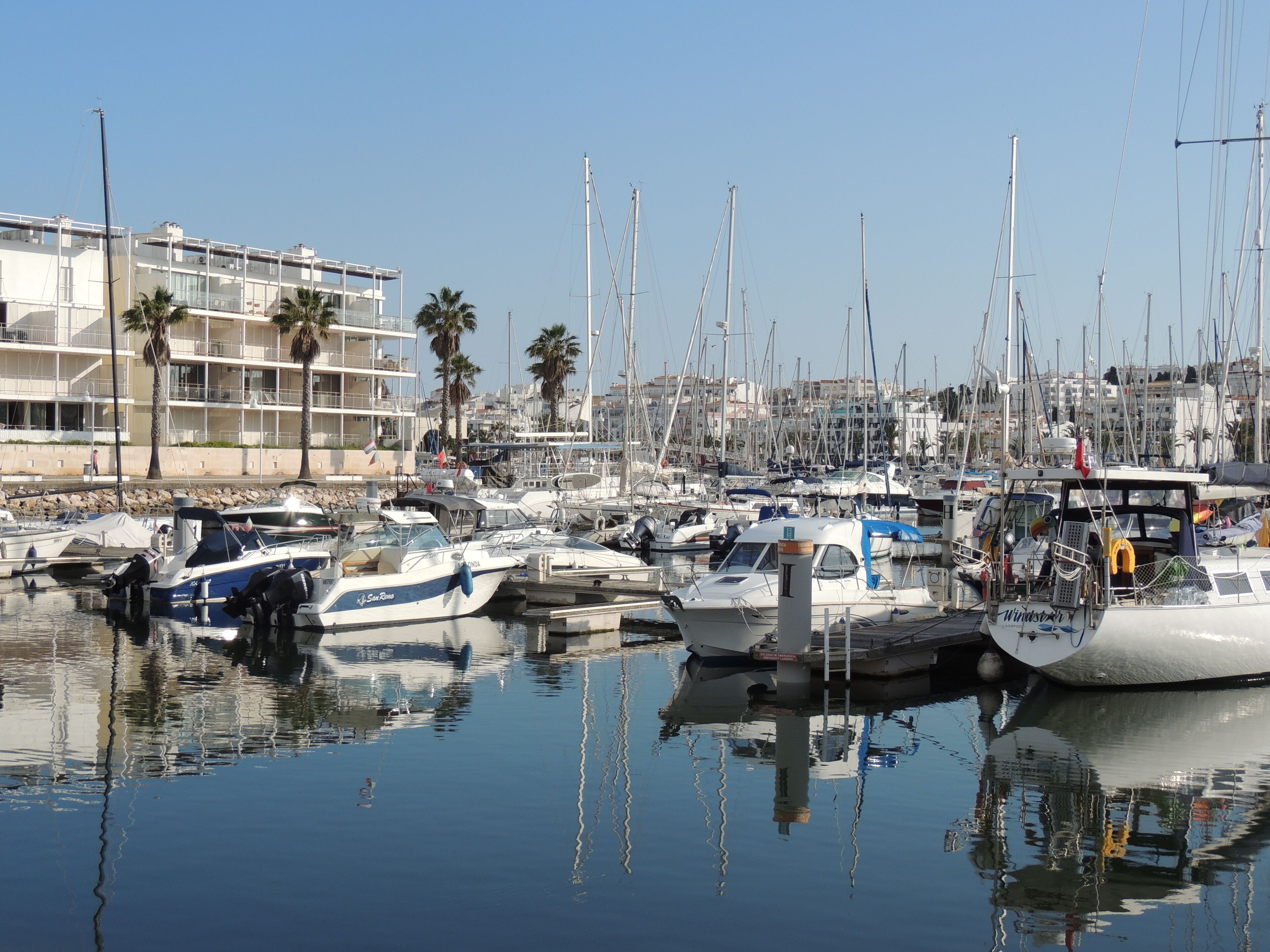 A marina with multiple boats docked, a building with balconies, and palm trees in the background.
