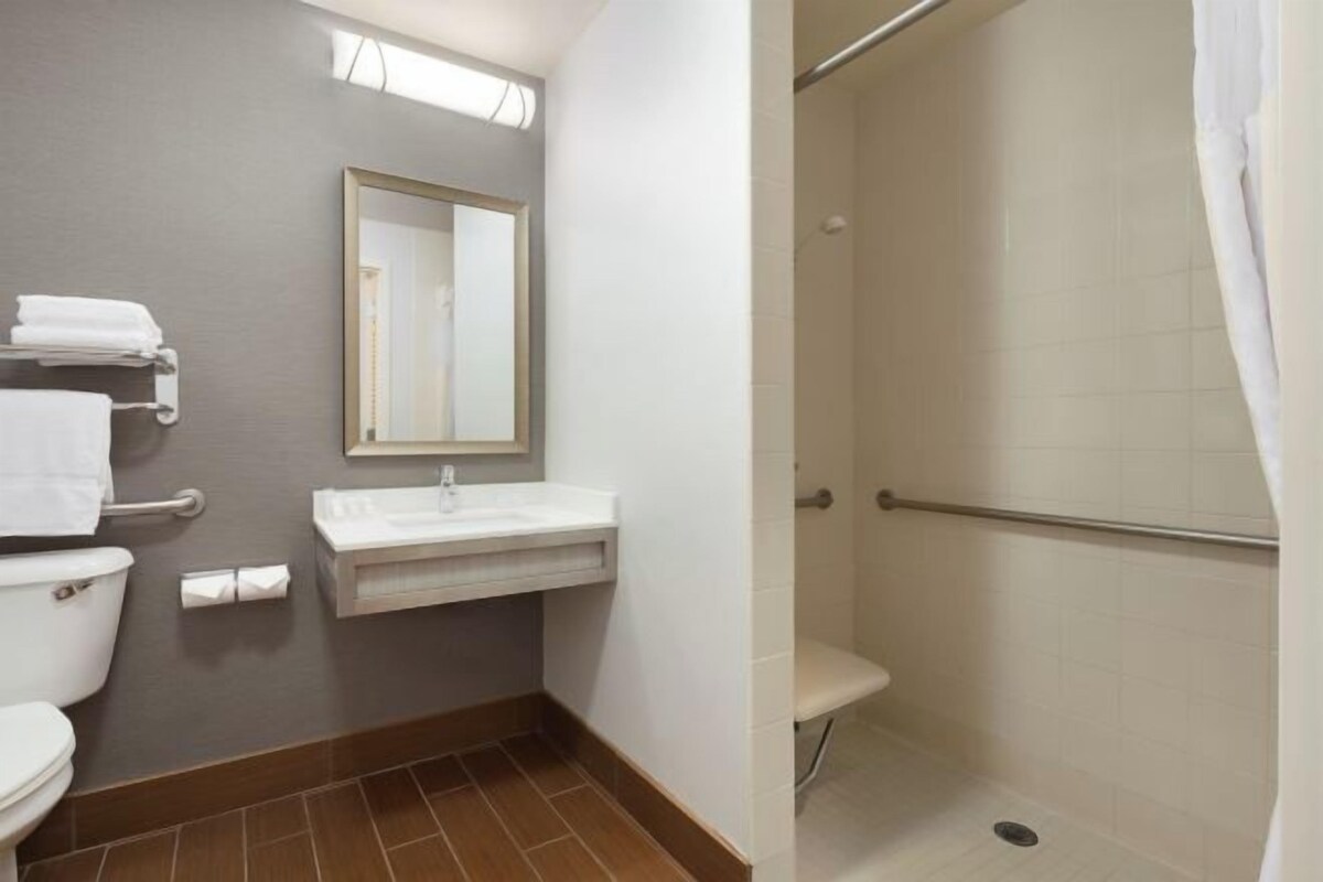 A bathroom with a toilet, sink, mirror, and shower.