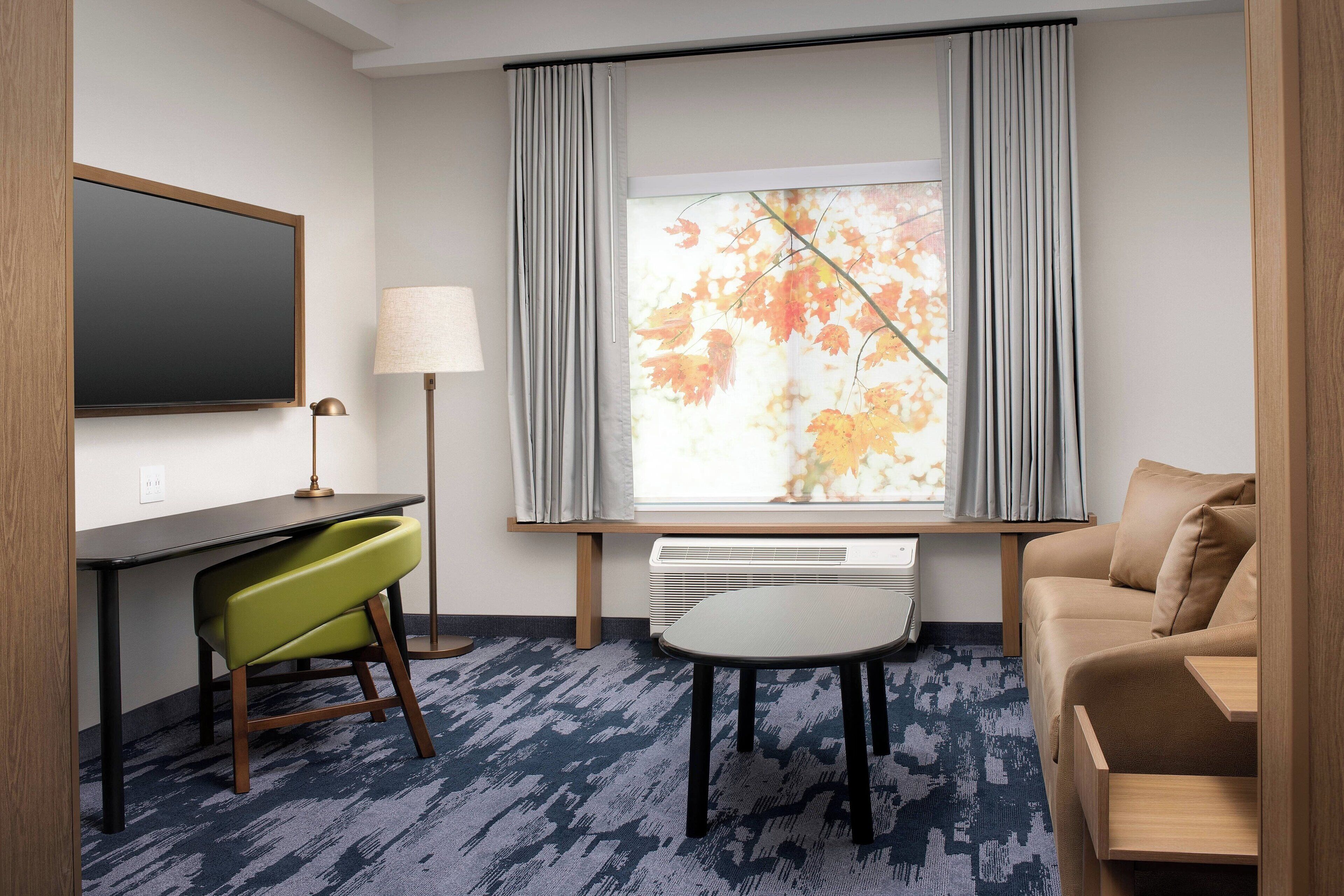 desk, laptop workspace, blackout curtains, iron/ironing board