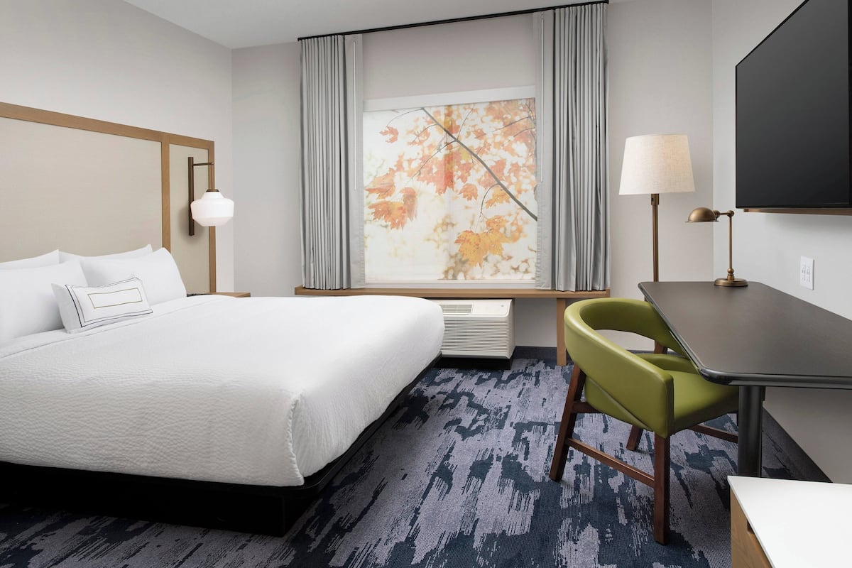 Habitación de hotel con cama, escritorio, silla, ventana con vistas a árboles y televisor de pared.
