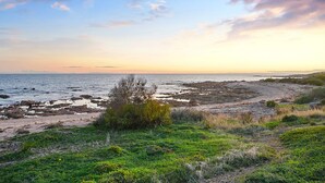 Un paysage côtier comprenant une plage, une côte rocheuse et une végétation clairsemée.