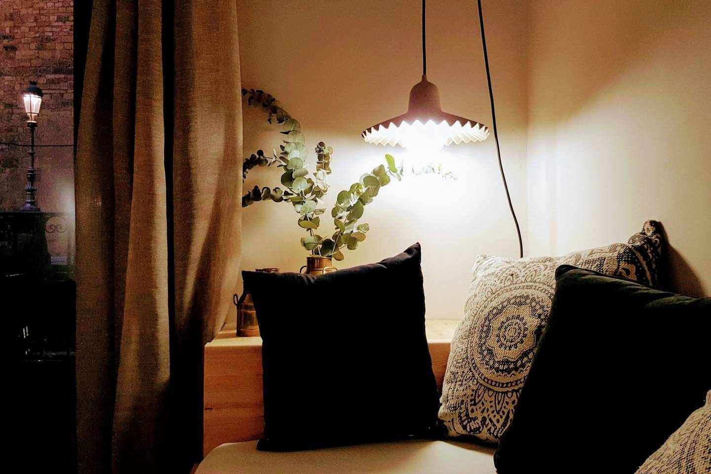 Una habitación acogedora con una cama, una lámpara colgante y una planta en maceta.