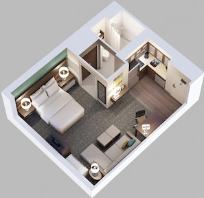 Premium bedding, desk, laptop workspace, blackout curtains