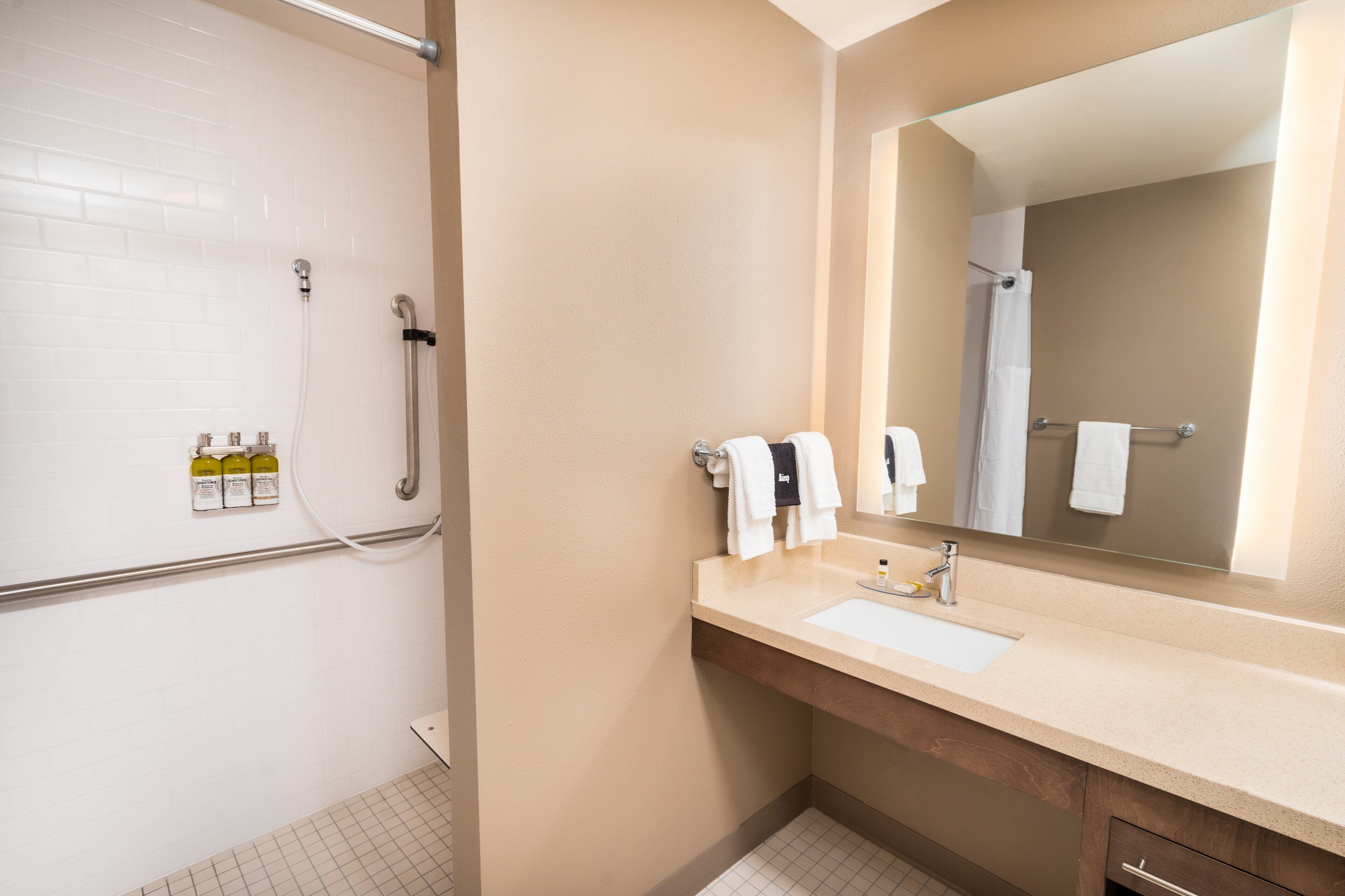 A bathroom with a shower, sink, and mirror.