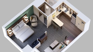 A 3D layout of a hotel room with a bed, seating area, kitchenette, and a bathroom.