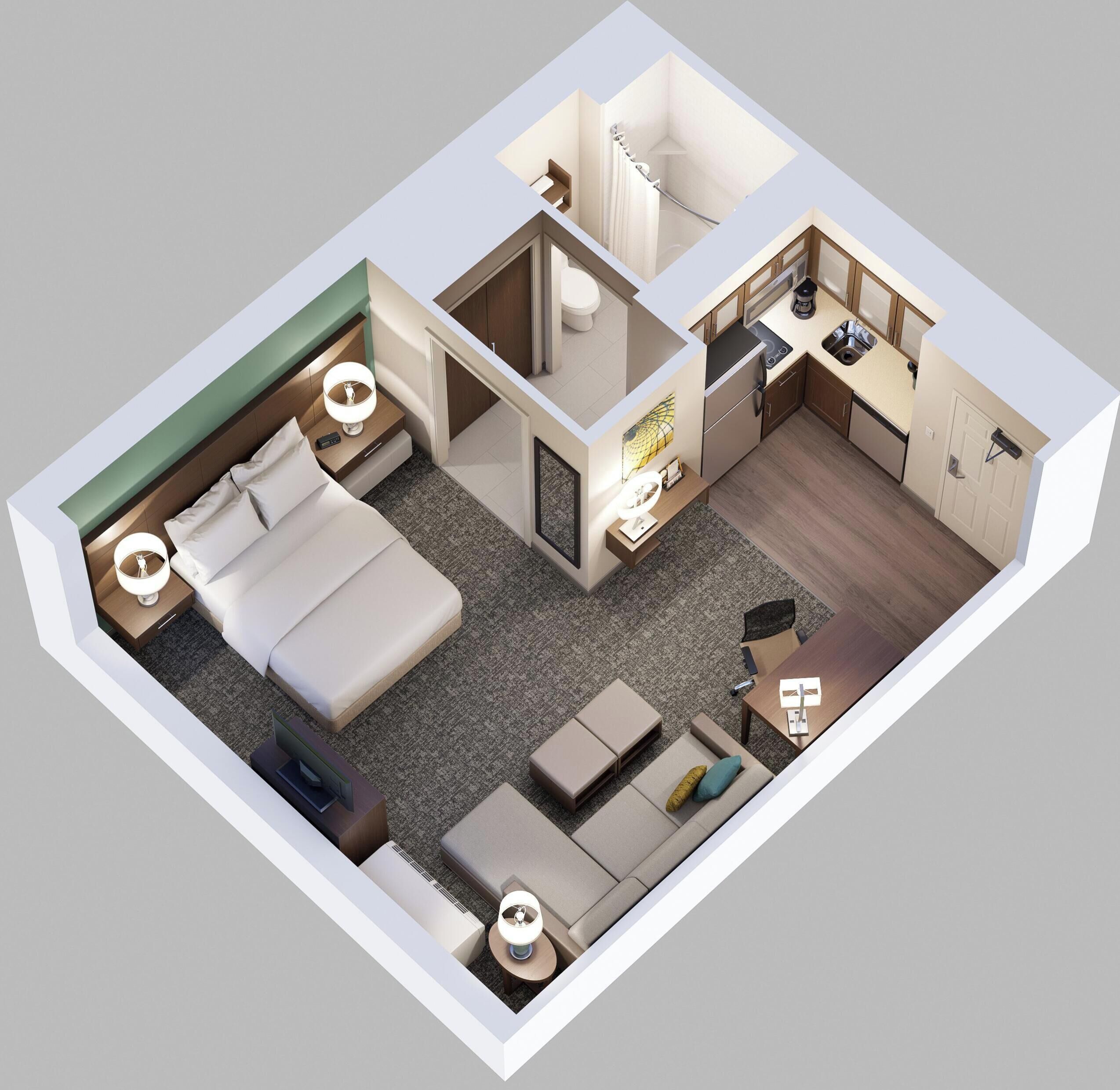 A 3D layout of a hotel room with a bed, seating area, kitchenette, bathroom, and a small dining table.