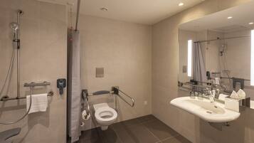 Room, 1 Queen Bed, Accessible | Bathroom | Shower, hair dryer, towels, soap