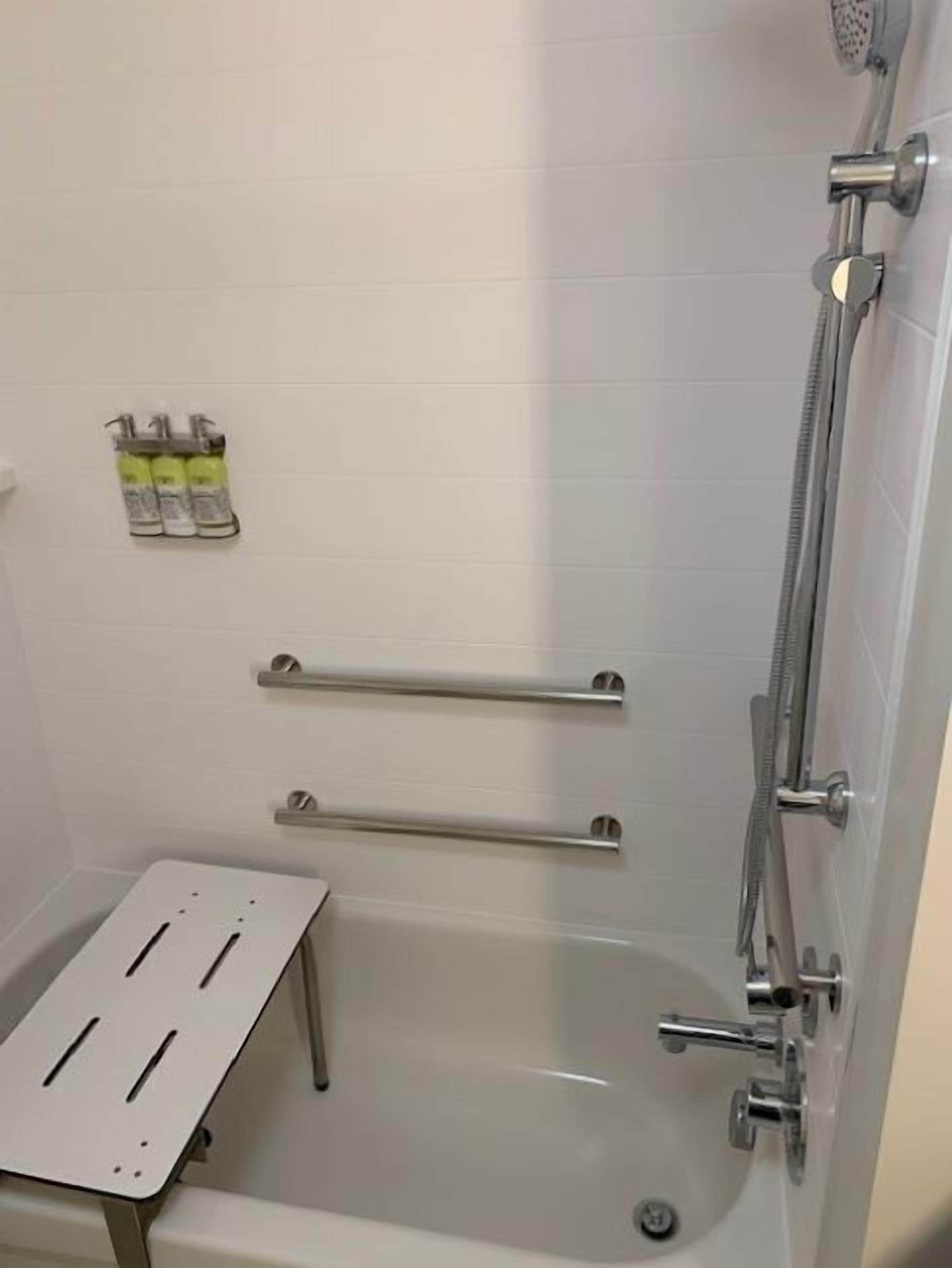 A shower area with a grab bar, a handheld showerhead, and a wall-mounted soap dispenser.