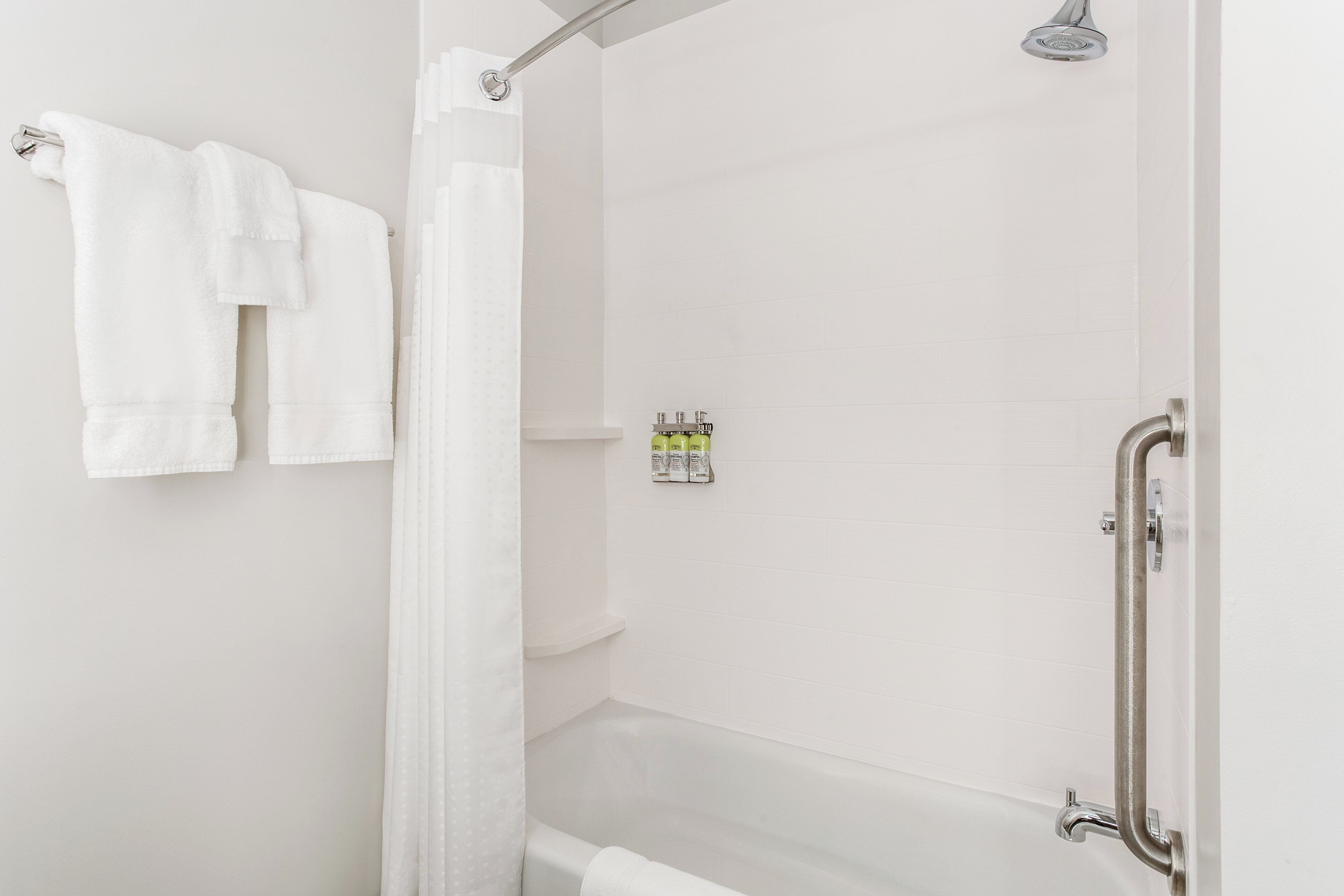 Une salle de bain équipée d’une douche, d’une baignoire et d’une barre d’appui.
