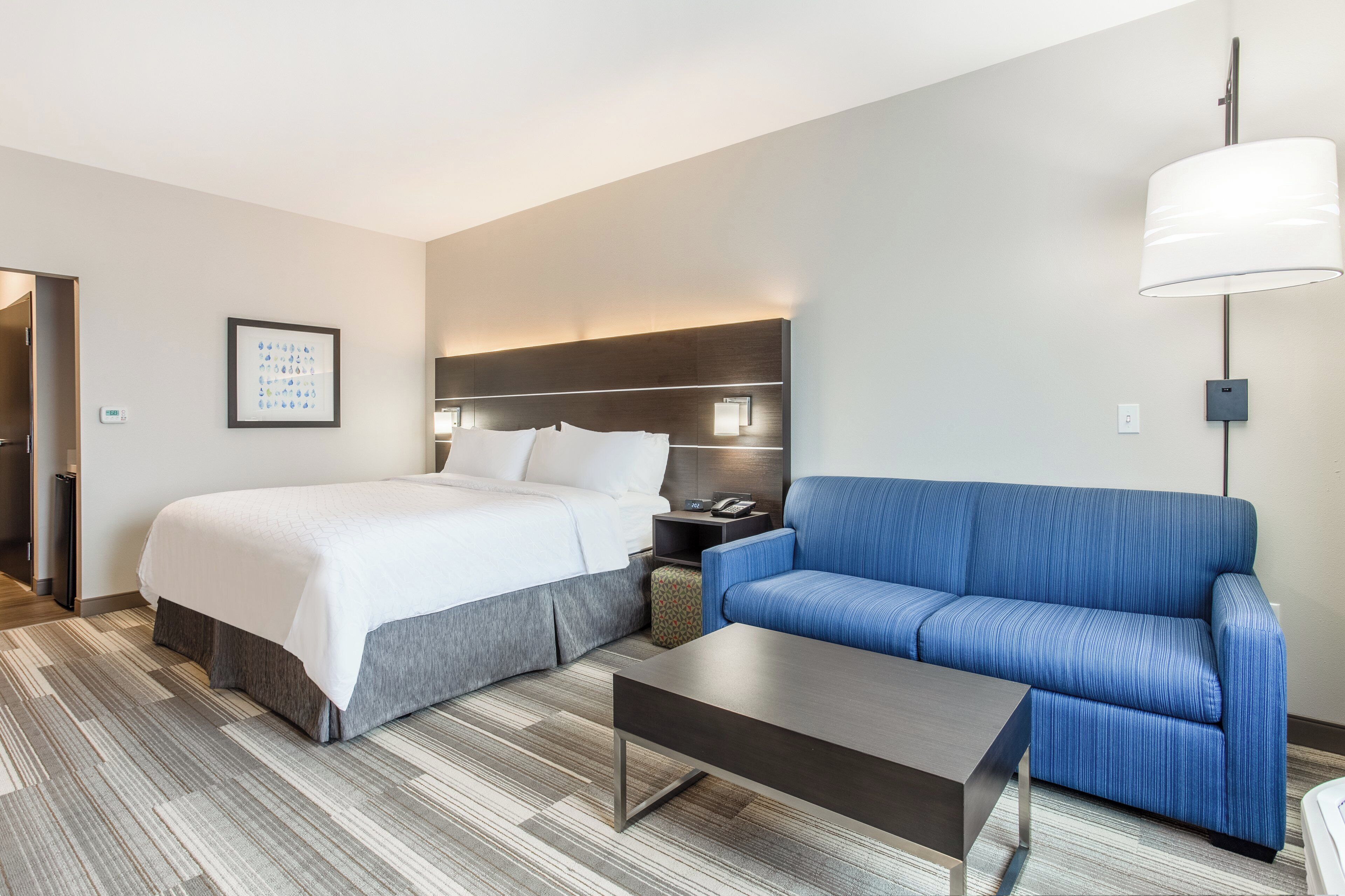 A hotel room with a bed, a sofa, a nightstand, a lamp, and a framed picture on the wall.