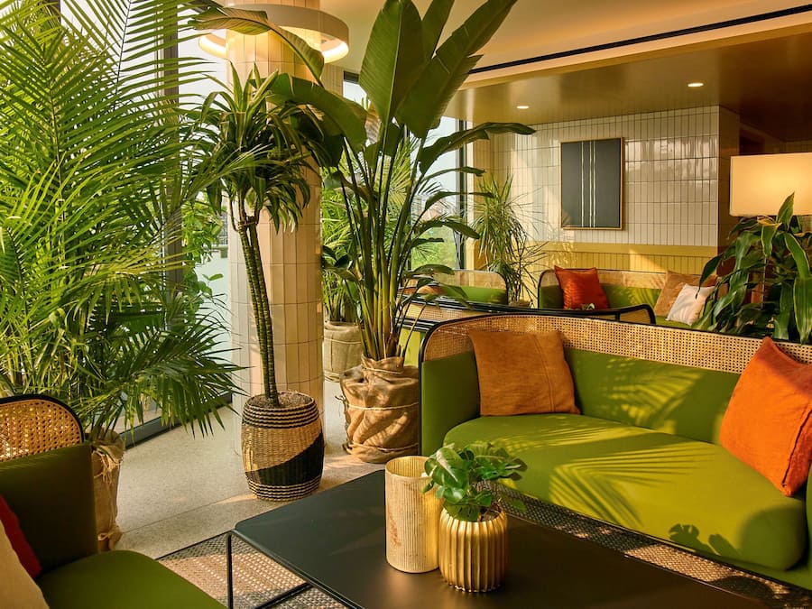 A modern living room with a green sofa, a black coffee table, and various potted plants.