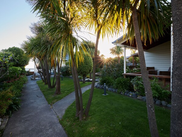 A pathway leading to a house with a covered patio area. - Lemon Tree Lodge (Kaikoura)