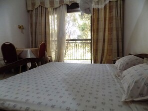 Habitación doble | Muebles diferentes, escritorio y espacio para trabajar con laptop