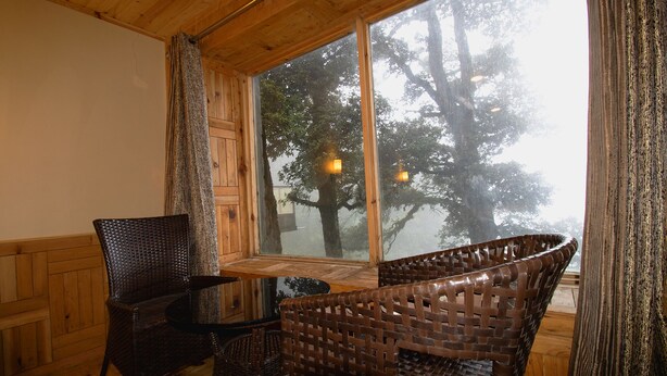 Quarto com painéis de madeira, móveis de vime e uma grande janela com vista para árvores.