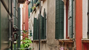 Un estrecho callejón flanqueado por edificios, con balcones adornados con macetas y contraventanas verdes.