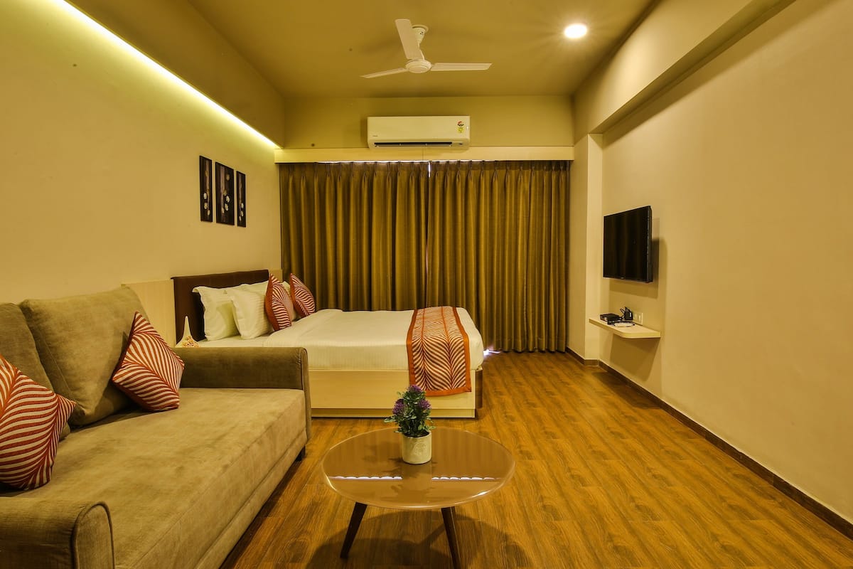 A hotel room with a bed, a sofa, a TV, an air conditioner, and a small table with a plant.