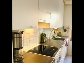 City Apartment | Private kitchen | Full-size fridge, microwave, oven, stovetop
