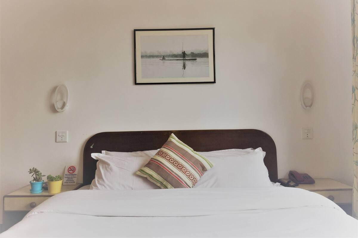 A hotel room with a bed, a framed picture of a lake, a bedside phone, and a small table with a potted plant.