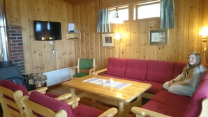 A cozy cabin interior with a wooden interior, a television mounted on the wall, a red sofa, and a wooden table with chairs.