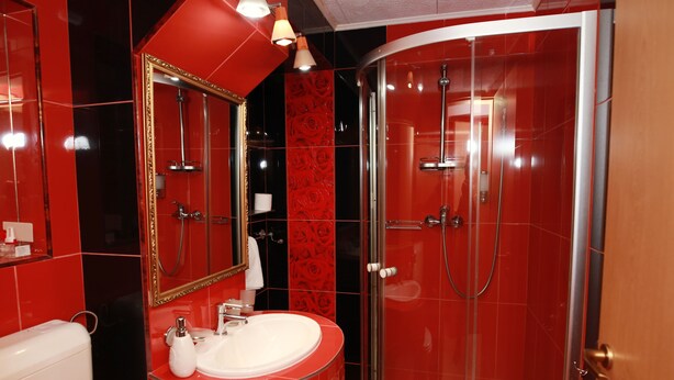 A bathroom with a red-tiled shower enclosure, a white sink, and a large mirror with a gold frame. - Hotel Zefir (Timisoara)