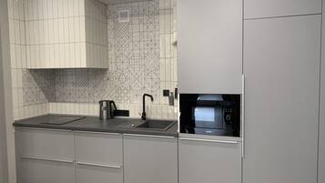 Design Apartment, 1 King Bed with Sofa bed | Private kitchen | Full-sized fridge, microwave, stovetop, dishwasher