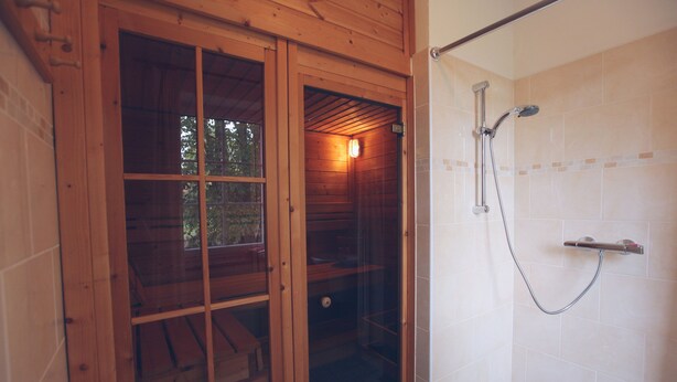 A wooden sauna with a glass door, a shower area with a metal hose, and a tiled wall.