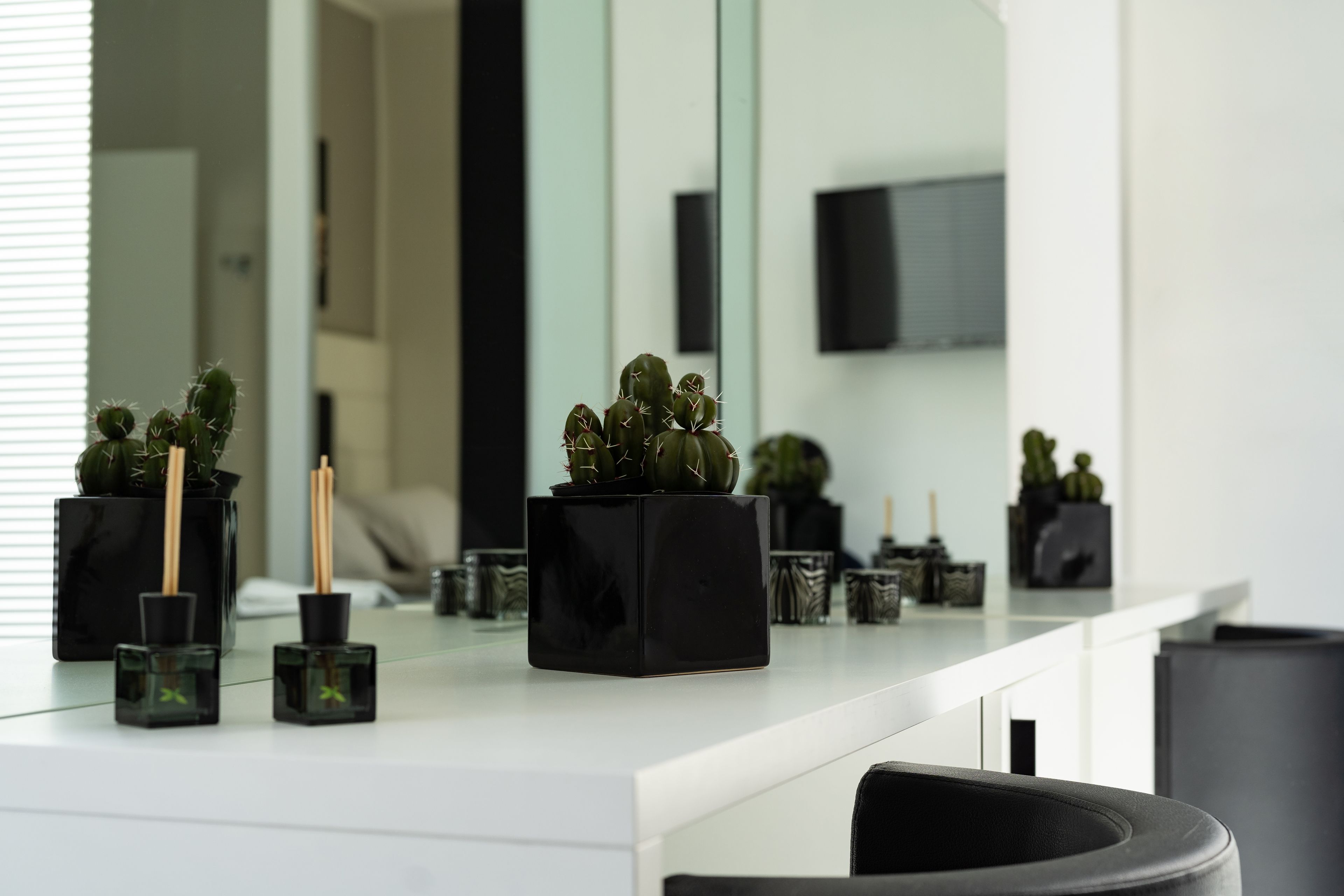 Une cuisine moderne avec un plan de travail blanc, des jardinières carrées noires contenant des cactus et une poubelle noire.