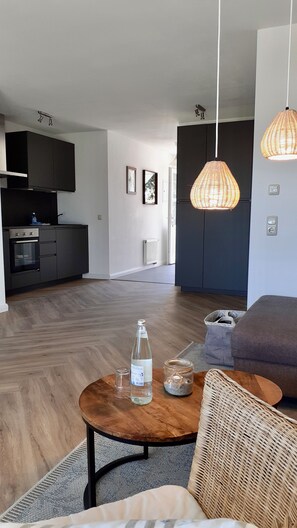 Smart TV, fireplace, books