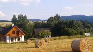 A rural setting with a wooden house, hay bales, and a mountainous backdrop.