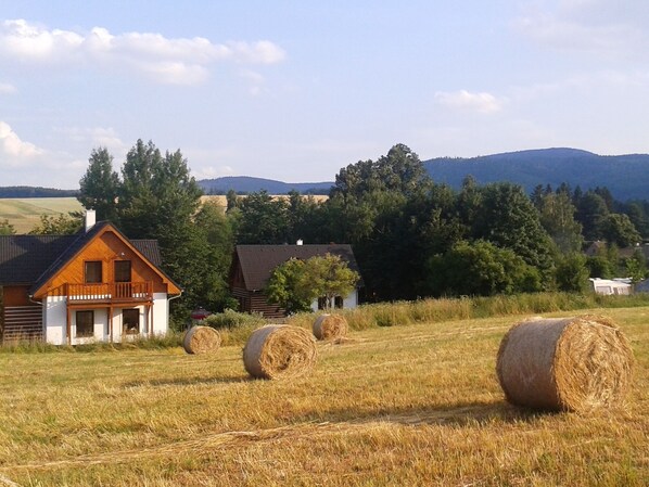 A rural setting with a wooden house, hay bales, and a mountainous backdrop.