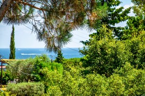 A lush green landscape with dense foliage and a clear view of the ocean in the background.