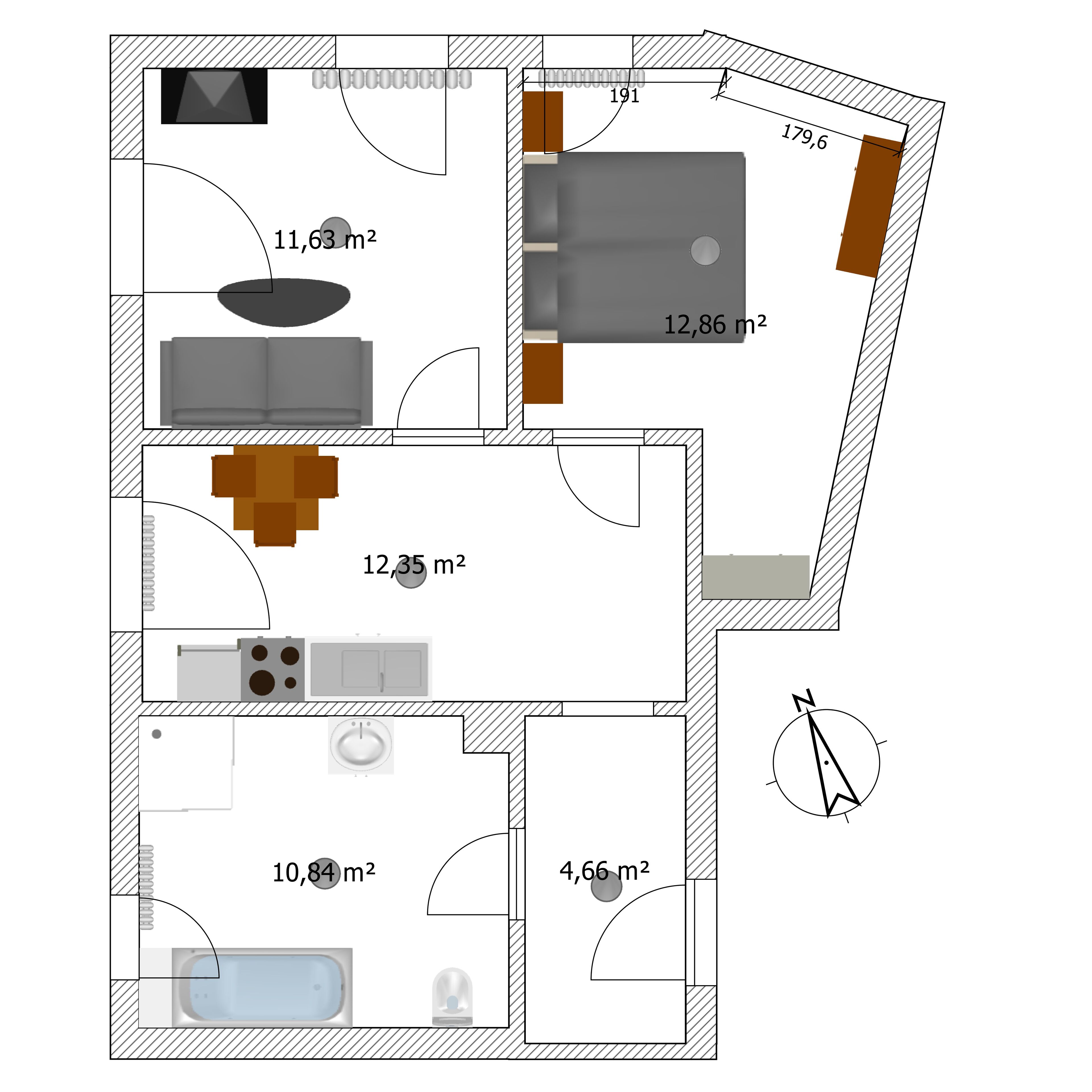 Plano de un cuarto de hotel que incluye una sala de estar, kitchenette, baño y un pequeño balcón.