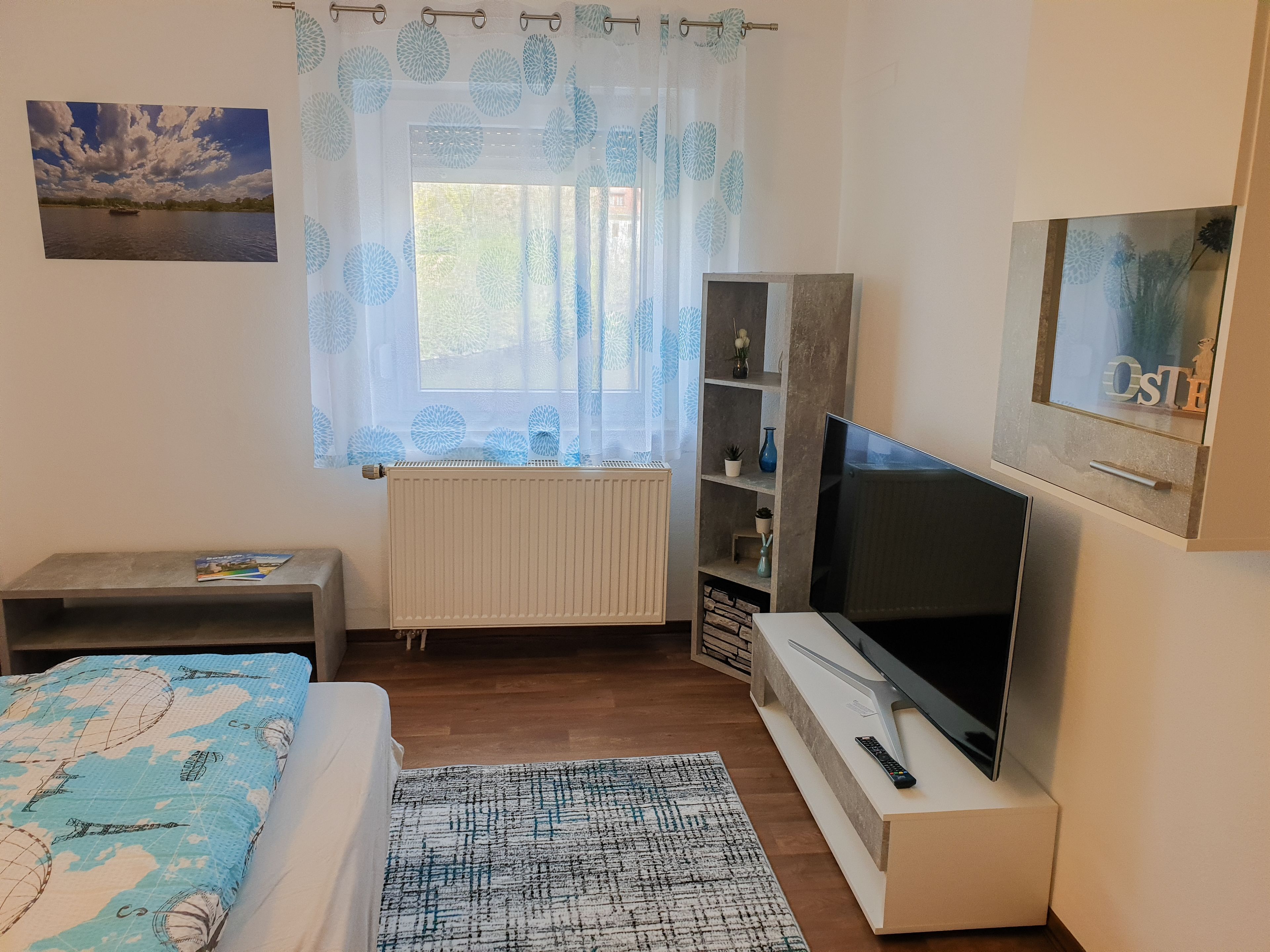 Une chambre à coucher comprenant un lit, un téléviseur, une étagère avec des objets décoratifs, une fenêtre avec des rideaux et un radiateur.