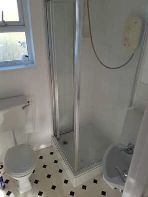 A bathroom with a glass-enclosed shower, a toilet, and a bidet. - Coombe Lodge Holiday Flats (Paignton)