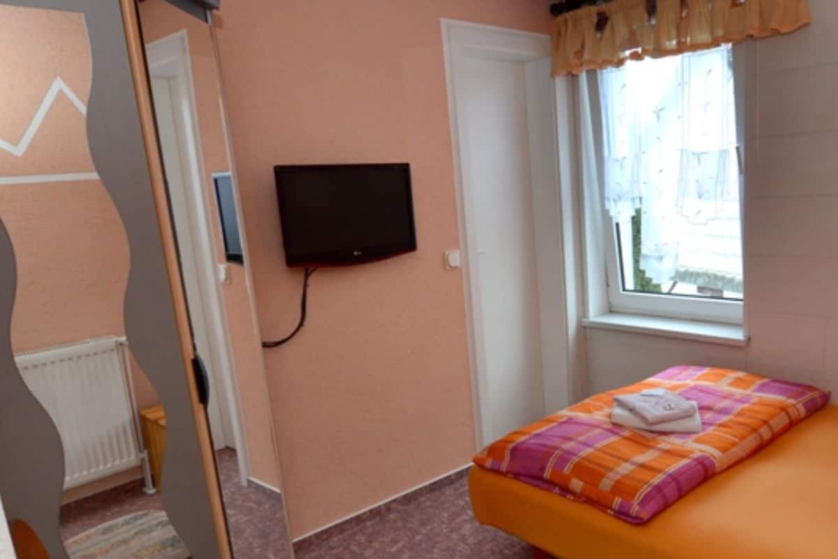 A bedroom with a bed, a television, a window, and a radiator.